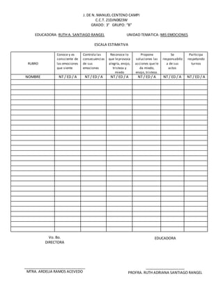 J. DE N. MANUEL CENTENO CAMPI
C.C.T. 21DJN0823W
GRADO: 3° GRUPO: “B”
EDUCADORA: RUTH A. SANTIAGO RANGEL UNIDAD TEMATICA: MIS EMOCIONES
ESCALA ESTIMATIVA
RUBRO
Conoce y es
consciente de
las emociones
que siente
Controla las
consecuencias
de sus
emociones
Reconoce lo
que leprovoca
alegría, enojo,
tristeza y
miedo
Propone
soluciones las
acciones que le
da miedo,
enojo, tristeza.
Se
responsabiliz
a de sus
actos
Participa
respetando
turnos
NOMBRE NT / ED / A NT / ED / A NT / ED / A NT / ED / A NT / ED / A NT / ED / A
Vo. Bo.
DIRECTORA
_______________________________
MTRA. ARDELIA RAMOS ACEVEDO
EDUCADORA
____________________
PROFRA. RUTH ADRIANA SANTIAGO RANGEL
 