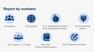 Report by numbers
278 Authors
29 % Women / 71 % Men
65 Countries 354 Contributing
authors
59,212 Review comments
41 % Deve...