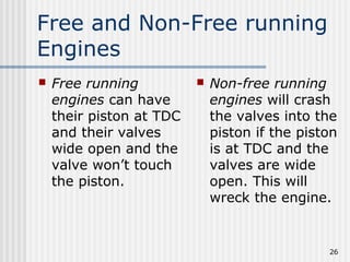 26
Free and Non-Free running
Engines
 Free running
engines can have
their piston at TDC
and their valves
wide open and the
valve won’t touch
the piston.
 Non-free running
engines will crash
the valves into the
piston if the piston
is at TDC and the
valves are wide
open. This will
wreck the engine.
 