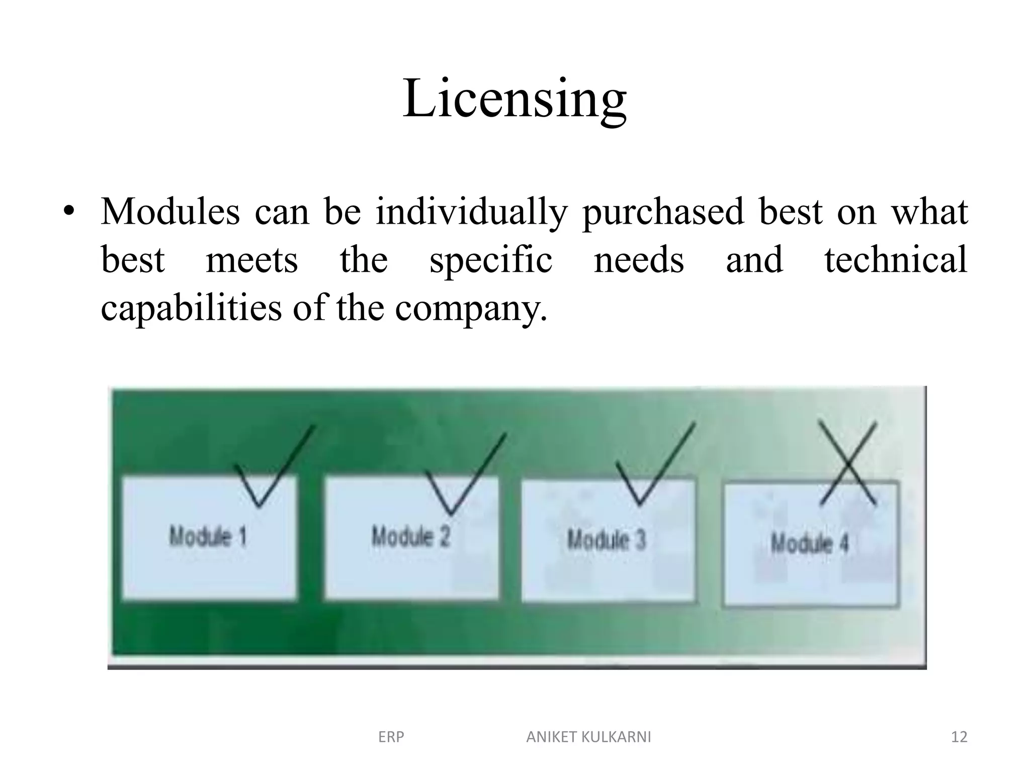 Licensing
• Modules can be individually purchased best on what
best meets the specific needs and technical
capabilities of the company.
ERP ANIKET KULKARNI 12
 