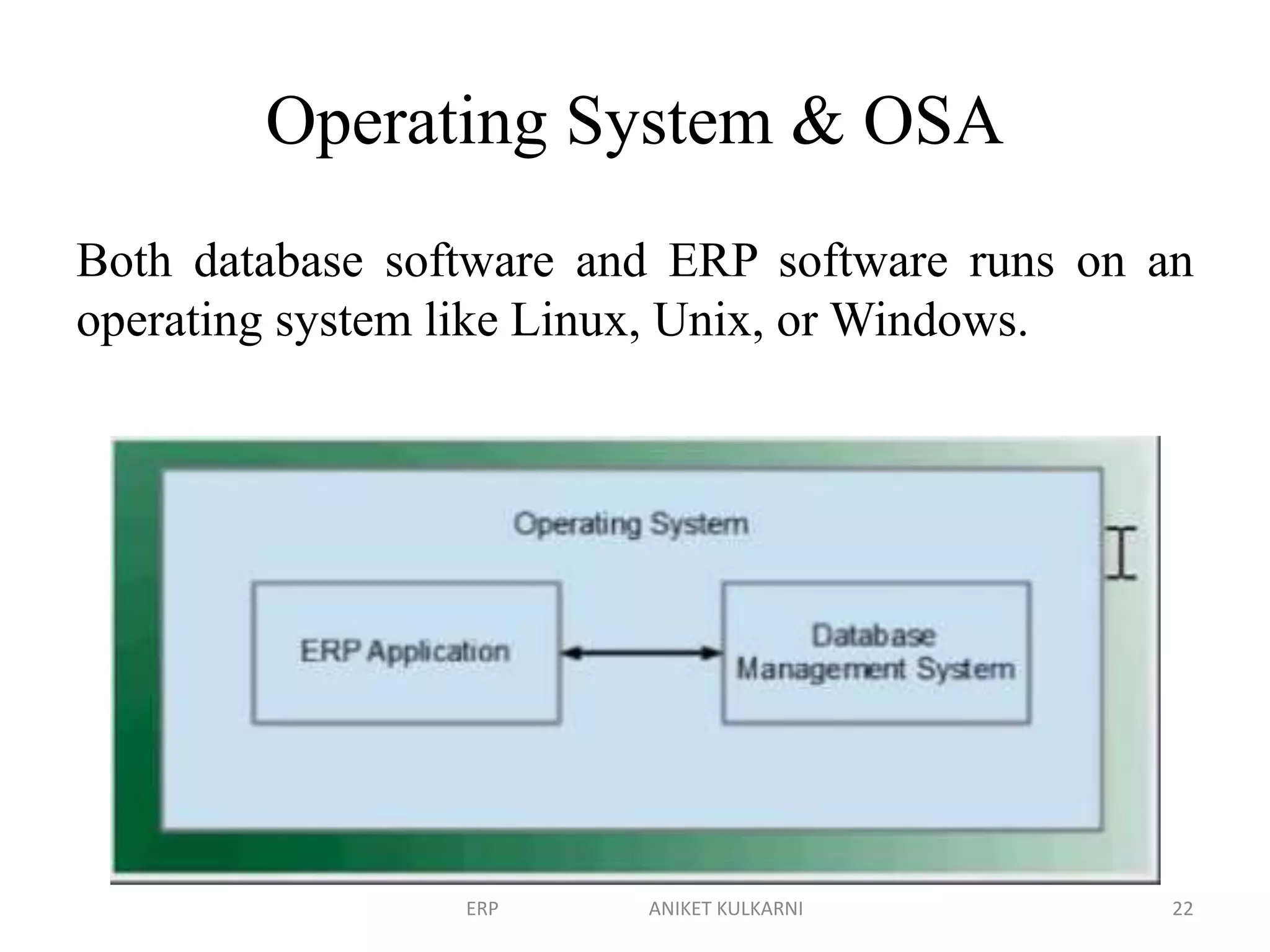 Operating System & OSA
Both database software and ERP software runs on an
operating system like Linux, Unix, or Windows.
ERP ANIKET KULKARNI 22
 
