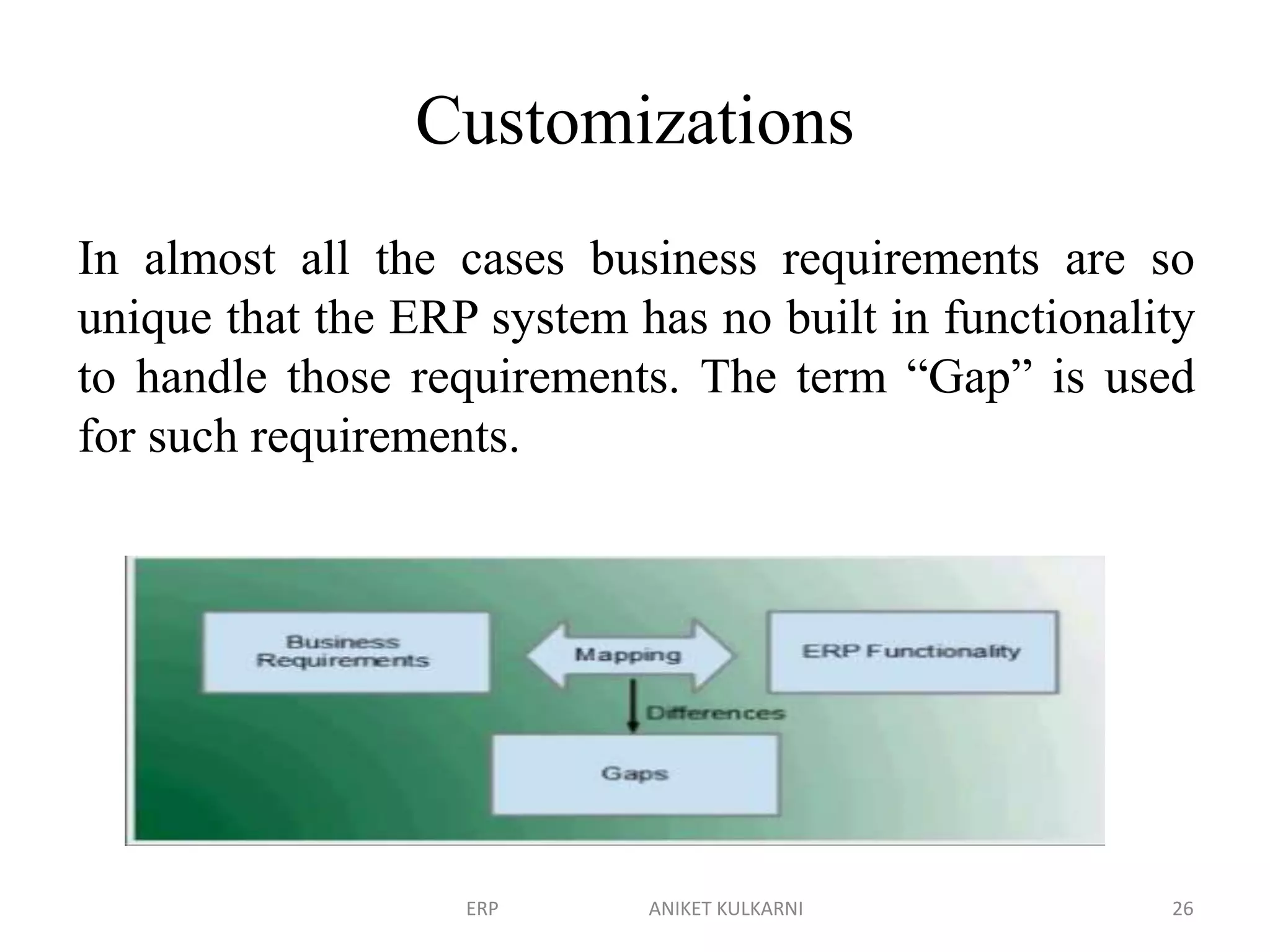 Customizations
In almost all the cases business requirements are so
unique that the ERP system has no built in functionality
to handle those requirements. The term “Gap” is used
for such requirements.
ERP ANIKET KULKARNI 26
 