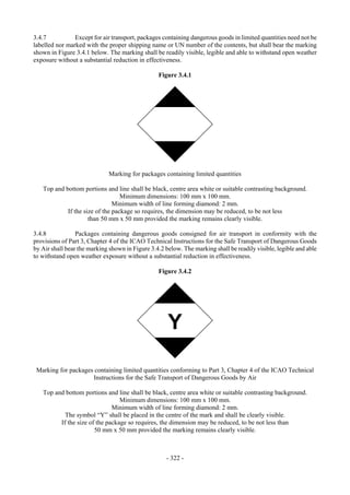 Copyright © United Nations, 2009. All rights reserved

3.4.7           Except for air transport, packages containing dangerous goods in limited quantities need not be
labelled nor marked with the proper shipping name or UN number of the contents, but shall bear the marking
shown in Figure 3.4.1 below. The marking shall be readily visible, legible and able to withstand open weather
exposure without a substantial reduction in effectiveness.

                                                 Figure 3.4.1




                              Marking for packages containing limited quantities

   Top and bottom portions and line shall be black, centre area white or suitable contrasting background.
                                  Minimum dimensions: 100 mm x 100 mm.
                               Minimum width of line forming diamond: 2 mm.
            If the size of the package so requires, the dimension may be reduced, to be not less
                     than 50 mm x 50 mm provided the marking remains clearly visible.

3.4.8            Packages containing dangerous goods consigned for air transport in conformity with the
provisions of Part 3, Chapter 4 of the ICAO Technical Instructions for the Safe Transport of Dangerous Goods
by Air shall bear the marking shown in Figure 3.4.2 below. The marking shall be readily visible, legible and able
to withstand open weather exposure without a substantial reduction in effectiveness.

                                                 Figure 3.4.2




                                                     Y

 Marking for packages containing limited quantities conforming to Part 3, Chapter 4 of the ICAO Technical
                     Instructions for the Safe Transport of Dangerous Goods by Air

   Top and bottom portions and line shall be black, centre area white or suitable contrasting background.
                                 Minimum dimensions: 100 mm x 100 mm.
                              Minimum width of line forming diamond: 2 mm.
           The symbol “Y” shall be placed in the centre of the mark and shall be clearly visible.
         If the size of the package so requires, the dimension may be reduced, to be not less than
                       50 mm x 50 mm provided the marking remains clearly visible.



                                                     - 322 -
 