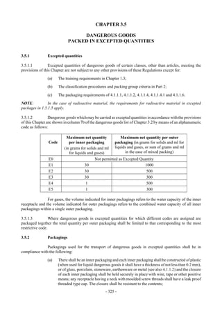 Copyright © United Nations, 2009. All rights reserved


                                              CHAPTER 3.5

                                  DANGEROUS GOODS
                             PACKED IN EXCEPTED QUANTITIES


3.5.1           Excepted quantities

3.5.1.1          Excepted quantities of dangerous goods of certain classes, other than articles, meeting the
provisions of this Chapter are not subject to any other provisions of these Regulations except for:

                (a)    The training requirements in Chapter 1.3;

                (b)    The classification procedures and packing group criteria in Part 2;

                (c)    The packaging requirements of 4.1.1.1, 4.1.1.2, 4.1.1.4, 4.1.1.4.1 and 4.1.1.6.

NOTE:           In the case of radioactive material, the requirements for radioactive material in excepted
packages in 1.5.1.5 apply.

3.5.1.2          Dangerous goods which may be carried as excepted quantities in accordance with the provisions
of this Chapter are shown in column 7b of the dangerous goods list of Chapter 3.2 by means of an alphanumeric
code as follows:

                            Maximum net quantity             Maximum net quantity per outer
                Code          per inner packaging         packaging (in grams for solids and ml for
                           (in grams for solids and ml liquids and gases, or sum of grams and ml
                              for liquids and gases)            in the case of mixed packing)
                E0                            Not permitted as Excepted Quantity
                E1                      30                                   1000
                E2                      30                                    500
                E3                      30                                    300
                E4                       1                                    500
                E5                       1                                    300

                For gases, the volume indicated for inner packagings refers to the water capacity of the inner
receptacle and the volume indicated for outer packagings refers to the combined water capacity of all inner
packagings within a single outer packaging.

3.5.1.3           Where dangerous goods in excepted quantities for which different codes are assigned are
packaged together the total quantity per outer packaging shall be limited to that corresponding to the most
restrictive code.

3.5.2           Packagings

               Packagings used for the transport of dangerous goods in excepted quantities shall be in
compliance with the following:

                (a)    There shall be an inner packaging and each inner packaging shall be constructed of plastic
                       (when used for liquid dangerous goods it shall have a thickness of not less than 0.2 mm),
                       or of glass, porcelain, stoneware, earthenware or metal (see also 4.1.1.2) and the closure
                       of each inner packaging shall be held securely in place with wire, tape or other positive
                       means; any receptacle having a neck with moulded screw threads shall have a leak proof
                       threaded type cap. The closure shall be resistant to the contents;
                                                    - 325 -
 