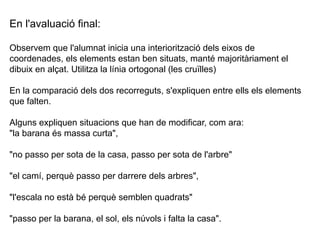 En l'avaluació final:

Observem que l'alumnat inicia una interiorització dels eixos de
coordenades, els elements estan ben situats, manté majoritàriament el
dibuix en alçat. Utilitza la línia ortogonal (les cruïlles)

En la comparació dels dos recorreguts, s'expliquen entre ells els elements
que falten.

Alguns expliquen situacions que han de modificar, com ara:
"la barana és massa curta",

"no passo per sota de la casa, passo per sota de l'arbre"

"el camí, perquè passo per darrere dels arbres",

"l'escala no està bé perquè semblen quadrats"

"passo per la barana, el sol, els núvols i falta la casa".
 