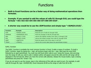 Functions
•     Built-in Excel Functions can be a faster way of doing mathematical operations than
      formulas.

•     Example- if you wanted to add the values of cells D1 through D10, you could type the
      formula "=D1+D2+D3+D4+D5+D6+D7+D8+D9+D10".

•     A shorter way would be to use the SUM function and simply type "=SUM(D1:D10)".

Function          Example                   Description
SUM               =SUM(A1:A100)             finds the sum of cells A1 through A100
AVERAGE           =AVERAGE(B1:B10)          finds the average of cells B1 through B10
MAX               =MAX(C1:C100)             returns the highest number from cells C1 through C100
MIN               =MIN(D1:D100)             returns the lowest number from cells D1 through D100
SQRT              =SQRT(D10)                finds the square root of the value in cell D10
TODAY             =TODAY()                  returns the current date (leave the parentheses empty)



SUM( ) function
The SUM( ) function is probably the most common function in Excel. It adds a range of numbers. To build a
SUM( ) function, begin by typing the = sign; all functions begin with the = sign. Next type the word SUM
followed by an open parenthesis. You must now tell Excel which cells to sum. Using the mouse, click and drag
over the range of cells you wish to add. A dotted outline will appear around the cells and the cell range will be
displayed in the formula bar. When you have the correct cells selected, release the mouse button, type a closing
parenthesis and press the <Enter> key.
If you do not want to use the mouse, type in the references of the cells you want to sum. For example, to add
cells B3 through B5, type =SUM(B3:B5). Excel interprets B3:B5 as the range of cells from B3 to B5.
 
