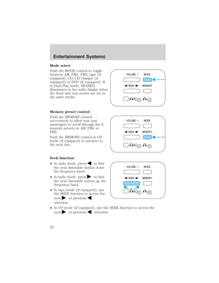 Mode select 
Push the MODE control to toggle 
between AM, FM1, FM2, tape (if 
equipped), CD, CD changer (if 
equipped) or DVD (if equipped). If 
in Dual Play mode, SHARED 
illuminates in the radio display when 
the front and rear modes are set to 
the same media. 
Memory preset control 
Push the MEMORY control 
successively to allow rear seat 
passengers to scroll through the 6 
memory presets in AM, FM1 or 
FM2. 
Push the MEMORY control in CD 
mode (if equipped) to advance to 
the next disc. 
Seek function 
• In radio mode, press to find 
the next listenable station down 
the frequency band. 
• In radio mode, press to find 
the next listenable station up the 
frequency band. 
• In tape mode (if equipped), use 
the SEEK function to access the 
next or previous 
selection. 
• In CD mode (if equipped), use the SEEK function to access the 
next or previous selection. 
- VOLUME + MODE 
SEEK MEMORY 
- VOLUME + MODE 
SEEK MEMORY 
- VOLUME + MODE 
SEEK MEMORY 
Entertainment Systems 
32 
 