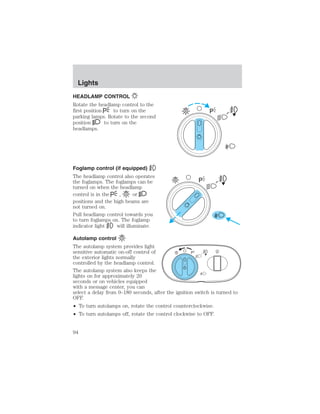 Lights 
Lights 
HEADLAMP CONTROL 
Rotate the headlamp control to the 
first position to turn on the 
parking lamps. Rotate to the second 
position to turn on the 
headlamps. 
Foglamp control (if equipped) 
The headlamp control also operates 
the foglamps. The foglamps can be 
turned on when the headlamp 
control is in the , or 
positions and the high beams are 
not turned on. 
Pull headlamp control towards you 
to turn foglamps on. The foglamp 
indicator light will illuminate. 
A 
A 
Autolamp control 
The autolamp system provides light 
sensitive automatic on-off control of 
the exterior lights normally 
controlled by the headlamp control. 
The autolamp system also keeps the 
lights on for approximately 20 
seconds or on vehicles equipped 
with a message center, you can 
select a delay from 0–180 seconds, after the ignition switch is turned to 
OFF. 
• To turn autolamps on, rotate the control counterclockwise. 
• To turn autolamps off, rotate the control clockwise to OFF. 
94 
 