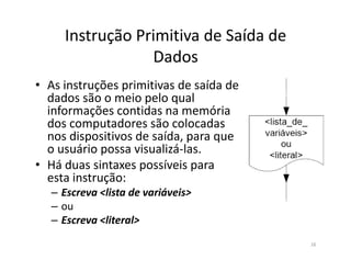 Instrução Primitiva de Saída de
Dados
• As instruções primitivas de saída de
dados são o meio pelo qual
informações contidas na memória
dos computadores são colocadas
nos dispositivos de saída, para quenos dispositivos de saída, para que
o usuário possa visualizá-las.
• Há duas sintaxes possíveis para
esta instrução:
– Escreva <lista de variáveis>
– ou
– Escreva <literal>
16
 