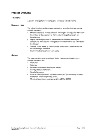 Developing a Country Strategic Framework for Development Page 3 of 15
2400462v14
Process Overview
Timeframe
A country strategic framework should be completed within 6 months.
Business rules
The following actions and approvals are required when developing a country
strategic framework:
• Ministerial approval of the submission outlining the concept, and of the Joint
Committee for Development or the Country Strategic Framework for
Development
• Deputy Secretary approval of the Ministerial submission outlining the
concept and of the country strategic framework before they are submitted to
the Minister
• Steering Group review of the submission outlining the concept and of the
country strategic framework
• Peer review to ensure framework quality
Outputs
The papers and documents produced during the process of developing a
strategic framework are:
• Work plan
• Rationale
• Ministerial submission outlining the concept
• Country strategic framework
• Results framework
• Either a Joint Commitment for Development (JCfD) or a Country Strategic
Framework for Development (CSFfD).
• Ministerial submission accompanying the JCfD or CSFfD
 
