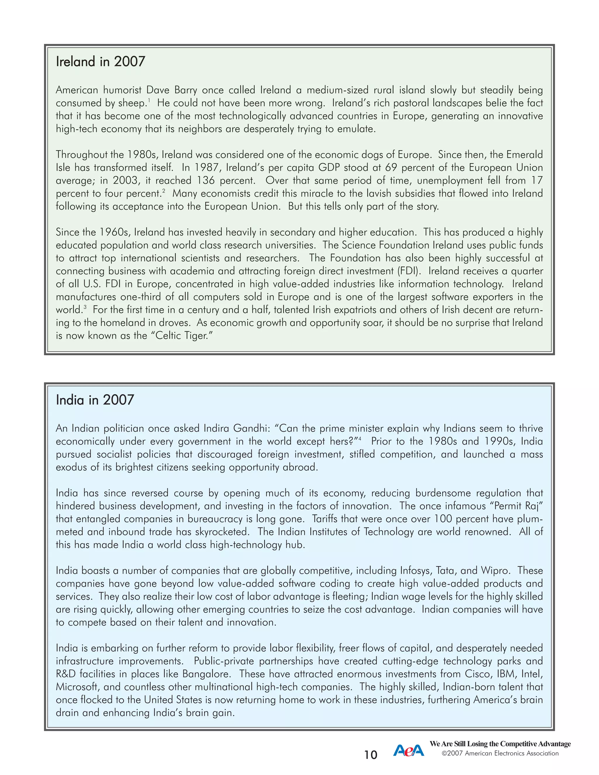 IInnddiiaa iinn 22000077
An Indian politician once asked Indira Gandhi: “Can the prime minister explain why Indians seem to thrive
economically under every government in the world except hers?”4
Prior to the 1980s and 1990s, India
pursued socialist policies that discouraged foreign investment, stifled competition, and launched a mass
exodus of its brightest citizens seeking opportunity abroad.
India has since reversed course by opening much of its economy, reducing burdensome regulation that
hindered business development, and investing in the factors of innovation. The once infamous “Permit Raj”
that entangled companies in bureaucracy is long gone. Tariffs that were once over 100 percent have plum-
meted and inbound trade has skyrocketed. The Indian Institutes of Technology are world renowned. All of
this has made India a world class high-technology hub.
India boasts a number of companies that are globally competitive, including Infosys, Tata, and Wipro. These
companies have gone beyond low value-added software coding to create high value-added products and
services. They also realize their low cost of labor advantage is fleeting; Indian wage levels for the highly skilled
are rising quickly, allowing other emerging countries to seize the cost advantage. Indian companies will have
to compete based on their talent and innovation.
India is embarking on further reform to provide labor flexibility, freer flows of capital, and desperately needed
infrastructure improvements. Public-private partnerships have created cutting-edge technology parks and
R&D facilities in places like Bangalore. These have attracted enormous investments from Cisco, IBM, Intel,
Microsoft, and countless other multinational high-tech companies. The highly skilled, Indian-born talent that
once flocked to the United States is now returning home to work in these industries, furthering America’s brain
drain and enhancing India’s brain gain.
WeAre Still Losing the CompetitiveAdvantage
2007 American Electronics Association
10
IIrreellaanndd iinn 22000077
American humorist Dave Barry once called Ireland a medium-sized rural island slowly but steadily being
consumed by sheep.1
He could not have been more wrong. Ireland’s rich pastoral landscapes belie the fact
that it has become one of the most technologically advanced countries in Europe, generating an innovative
high-tech economy that its neighbors are desperately trying to emulate.
Throughout the 1980s, Ireland was considered one of the economic dogs of Europe. Since then, the Emerald
Isle has transformed itself. In 1987, Ireland’s per capita GDP stood at 69 percent of the European Union
average; in 2003, it reached 136 percent. Over that same period of time, unemployment fell from 17
percent to four percent.2
Many economists credit this miracle to the lavish subsidies that flowed into Ireland
following its acceptance into the European Union. But this tells only part of the story.
Since the 1960s, Ireland has invested heavily in secondary and higher education. This has produced a highly
educated population and world class research universities. The Science Foundation Ireland uses public funds
to attract top international scientists and researchers. The Foundation has also been highly successful at
connecting business with academia and attracting foreign direct investment (FDI). Ireland receives a quarter
of all U.S. FDI in Europe, concentrated in high value-added industries like information technology. Ireland
manufactures one-third of all computers sold in Europe and is one of the largest software exporters in the
world.3
For the first time in a century and a half, talented Irish expatriots and others of Irish decent are return-
ing to the homeland in droves. As economic growth and opportunity soar, it should be no surprise that Ireland
is now known as the “Celtic Tiger.”
 