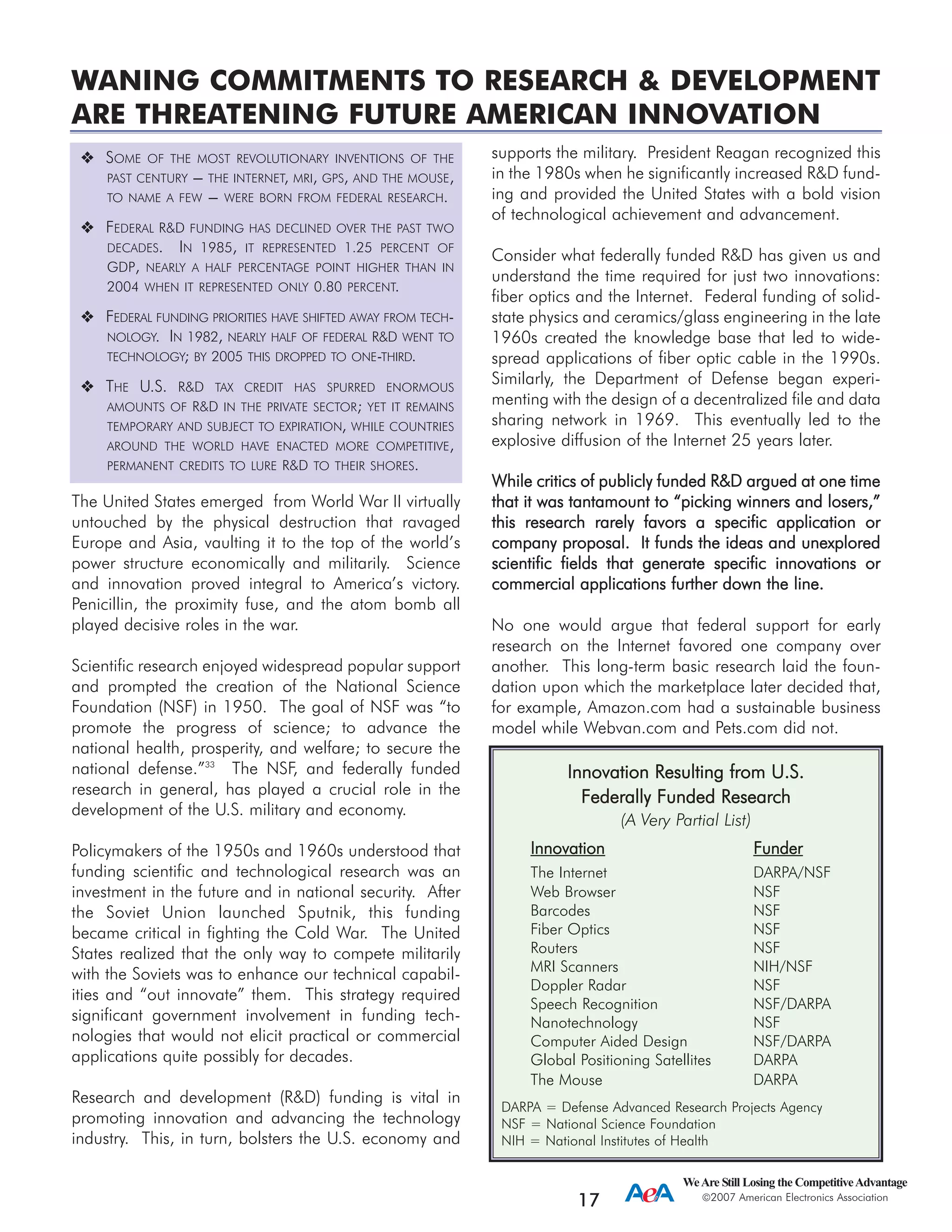 The United States emerged from World War II virtually
untouched by the physical destruction that ravaged
Europe and Asia, vaulting it to the top of the world’s
power structure economically and militarily. Science
and innovation proved integral to America’s victory.
Penicillin, the proximity fuse, and the atom bomb all
played decisive roles in the war.
Scientific research enjoyed widespread popular support
and prompted the creation of the National Science
Foundation (NSF) in 1950. The goal of NSF was “to
promote the progress of science; to advance the
national health, prosperity, and welfare; to secure the
national defense.”33
The NSF, and federally funded
research in general, has played a crucial role in the
development of the U.S. military and economy.
Policymakers of the 1950s and 1960s understood that
funding scientific and technological research was an
investment in the future and in national security. After
the Soviet Union launched Sputnik, this funding
became critical in fighting the Cold War. The United
States realized that the only way to compete militarily
with the Soviets was to enhance our technical capabil-
ities and “out innovate” them. This strategy required
significant government involvement in funding tech-
nologies that would not elicit practical or commercial
applications quite possibly for decades.
Research and development (R&D) funding is vital in
promoting innovation and advancing the technology
industry. This, in turn, bolsters the U.S. economy and
supports the military. President Reagan recognized this
in the 1980s when he significantly increased R&D fund-
ing and provided the United States with a bold vision
of technological achievement and advancement.
Consider what federally funded R&D has given us and
understand the time required for just two innovations:
fiber optics and the Internet. Federal funding of solid-
state physics and ceramics/glass engineering in the late
1960s created the knowledge base that led to wide-
spread applications of fiber optic cable in the 1990s.
Similarly, the Department of Defense began experi-
menting with the design of a decentralized file and data
sharing network in 1969. This eventually led to the
explosive diffusion of the Internet 25 years later.
WWhhiillee ccrriittiiccss ooff ppuubblliiccllyy ffuunnddeedd RR&&DD aarrgguueedd aatt oonnee ttiimmee
tthhaatt iitt wwaass ttaannttaammoouunntt ttoo ““ppiicckkiinngg wwiinnnneerrss aanndd lloosseerrss,,””
tthhiiss rreesseeaarrcchh rraarreellyy ffaavvoorrss aa ssppeecciiffiicc aapppplliiccaattiioonn oorr
ccoommppaannyy pprrooppoossaall.. IItt ffuunnddss tthhee iiddeeaass aanndd uunneexxpplloorreedd
sscciieennttiiffiicc ffiieellddss tthhaatt ggeenneerraattee ssppeecciiffiicc iinnnnoovvaattiioonnss oorr
ccoommmmeerrcciiaall aapppplliiccaattiioonnss ffuurrtthheerr ddoowwnn tthhee lliinnee..
No one would argue that federal support for early
research on the Internet favored one company over
another. This long-term basic research laid the foun-
dation upon which the marketplace later decided that,
for example, Amazon.com had a sustainable business
model while Webvan.com and Pets.com did not.
Innovation RResulting ffrom UU.S.
Federally FFunded RResearch
(A Very Partial List)
IInnnnoovvaattiioonn FFuunnddeerr
The Internet DARPA/NSF
Web Browser NSF
Barcodes NSF
Fiber Optics NSF
Routers NSF
MRI Scanners NIH/NSF
Doppler Radar NSF
Speech Recognition NSF/DARPA
Nanotechnology NSF
Computer Aided Design NSF/DARPA
Global Positioning Satellites DARPA
The Mouse DARPA
DARPA = Defense Advanced Research Projects Agency
NSF = National Science Foundation
NIH = National Institutes of Health
WeAre Still Losing the CompetitiveAdvantage
2007 American Electronics Association
17
SOME OF THE MOST REVOLUTIONARY INVENTIONS OF THE
PAST CENTURY --- THE INTERNET, MRI, GPS, AND THE MOUSE,
TO NAME A FEW --- WERE BORN FROM FEDERAL RESEARCH.
FEDERAL R&D FUNDING HAS DECLINED OVER THE PAST TWO
DECADES. IN 1985, IT REPRESENTED 1.25 PERCENT OF
GDP, NEARLY A HALF PERCENTAGE POINT HIGHER THAN IN
2004 WHEN IT REPRESENTED ONLY 0.80 PERCENT.
FEDERAL FUNDING PRIORITIES HAVE SHIFTED AWAY FROM TECH-
NOLOGY. IN 1982, NEARLY HALF OF FEDERAL R&D WENT TO
TECHNOLOGY; BY 2005 THIS DROPPED TO ONE-THIRD.
THE U.S. R&D TAX CREDIT HAS SPURRED ENORMOUS
AMOUNTS OF R&D IN THE PRIVATE SECTOR; YET IT REMAINS
TEMPORARY AND SUBJECT TO EXPIRATION, WHILE COUNTRIES
AROUND THE WORLD HAVE ENACTED MORE COMPETITIVE,
PERMANENT CREDITS TO LURE R&D TO THEIR SHORES.
WANING COMMITMENTS TO RESEARCH & DEVELOPMENT
ARE THREATENING FUTURE AMERICAN INNOVATION
 