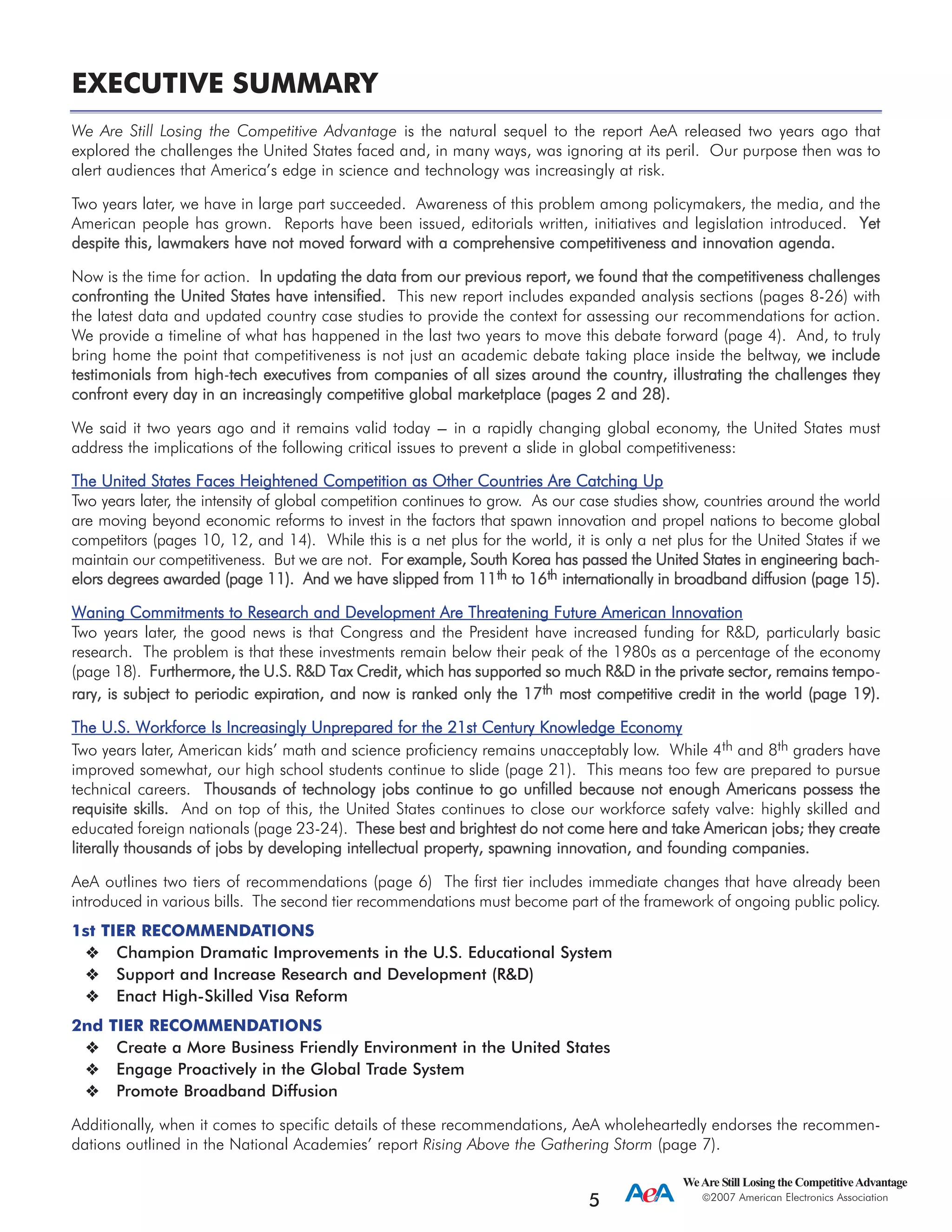 EXECUTIVE SUMMARY
We Are Still Losing the Competitive Advantage is the natural sequel to the report AeA released two years ago that
explored the challenges the United States faced and, in many ways, was ignoring at its peril. Our purpose then was to
alert audiences that America’s edge in science and technology was increasingly at risk.
Two years later, we have in large part succeeded. Awareness of this problem among policymakers, the media, and the
American people has grown. Reports have been issued, editorials written, initiatives and legislation introduced. Yet
despite tthis, llawmakers hhave nnot mmoved fforward wwith aa ccomprehensive ccompetitiveness aand iinnovation aagenda.
Now is the time for action. In uupdating tthe ddata ffrom oour pprevious rreport, wwe ffound tthat tthe ccompetitiveness cchallenges
confronting tthe UUnited SStates hhave iintensified. This new report includes expanded analysis sections (pages 8-26) with
the latest data and updated country case studies to provide the context for assessing our recommendations for action.
We provide a timeline of what has happened in the last two years to move this debate forward (page 4). And, to truly
bring home the point that competitiveness is not just an academic debate taking place inside the beltway, we iinclude
testimonials ffrom hhigh-ttech eexecutives ffrom ccompanies oof aall ssizes aaround tthe ccountry, iillustrating tthe cchallenges tthey
confront eevery dday iin aan iincreasingly ccompetitive gglobal mmarketplace ((pages 22 aand 228).
We said it two years ago and it remains valid today --- in a rapidly changing global economy, the United States must
address the implications of the following critical issues to prevent a slide in global competitiveness:
The UUnited SStates FFaces HHeightened CCompetition aas OOther CCountries AAre CCatching UUp
Two years later, the intensity of global competition continues to grow. As our case studies show, countries around the world
are moving beyond economic reforms to invest in the factors that spawn innovation and propel nations to become global
competitors (pages 10, 12, and 14). While this is a net plus for the world, it is only a net plus for the United States if we
maintain our competitiveness. But we are not. For eexample, SSouth KKorea hhas ppassed tthe UUnited SStates iin eengineering bbach-
elors ddegrees aawarded ((page 111). AAnd wwe hhave sslipped ffrom 111th to 116th internationally iin bbroadband ddiffusion ((page 115).
Waning CCommitments tto RResearch aand DDevelopment AAre TThreatening FFuture AAmerican IInnovation
Two years later, the good news is that Congress and the President have increased funding for R&D, particularly basic
research. The problem is that these investments remain below their peak of the 1980s as a percentage of the economy
(page 18). Furthermore, tthe UU.S. RR&D TTax CCredit, wwhich hhas ssupported sso mmuch RR&D iin tthe pprivate ssector, rremains ttempo-
rary, iis ssubject tto pperiodic eexpiration, aand nnow iis rranked oonly tthe 117th most ccompetitive ccredit iin tthe wworld ((page 119).
The UU.S. WWorkforce IIs IIncreasingly UUnprepared ffor tthe 221st CCentury KKnowledge EEconomy
Two years later, American kids’ math and science proficiency remains unacceptably low. While 4th and 8th graders have
improved somewhat, our high school students continue to slide (page 21). This means too few are prepared to pursue
technical careers. Thousands oof ttechnology jjobs ccontinue tto ggo uunfilled bbecause nnot eenough AAmericans ppossess tthe
requisite sskills. And on top of this, the United States continues to close our workforce safety valve: highly skilled and
educated foreign nationals (page 23-24). These bbest aand bbrightest ddo nnot ccome hhere aand ttake AAmerican jjobs; tthey ccreate
literally tthousands oof jjobs bby ddeveloping iintellectual pproperty, sspawning iinnovation, aand ffounding ccompanies.
AeA outlines two tiers of recommendations (page 6) The first tier includes immediate changes that have already been
introduced in various bills. The second tier recommendations must become part of the framework of ongoing public policy.
1st TIER RECOMMENDATIONS
Champion Dramatic Improvements in the U.S. Educational System
Support and Increase Research and Development (R&D)
Enact High-Skilled Visa Reform
2nd TIER RECOMMENDATIONS
Create a More Business Friendly Environment in the United States
Engage Proactively in the Global Trade System
Promote Broadband Diffusion
Additionally, when it comes to specific details of these recommendations, AeA wholeheartedly endorses the recommen-
dations outlined in the National Academies’ report Rising Above the Gathering Storm (page 7).
WeAre Still Losing the CompetitiveAdvantage
2007 American Electronics Association
5
 