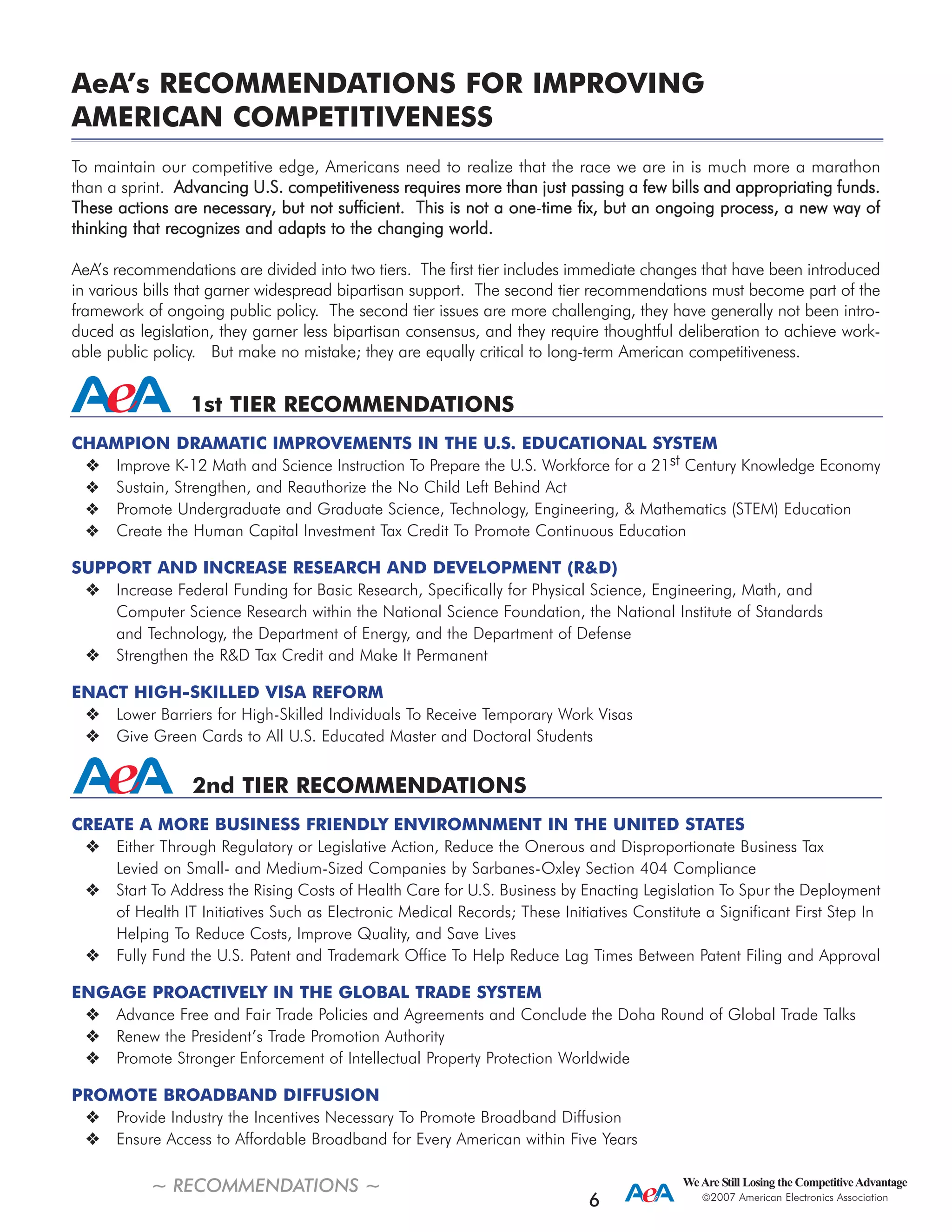 AeA’s RECOMMENDATIONS FOR IMPROVING
AMERICAN COMPETITIVENESS
To maintain our competitive edge, Americans need to realize that the race we are in is much more a marathon
than a sprint. AAddvvaanncciinngg UU..SS.. ccoommppeettiittiivveenneessss rreeqquuiirreess mmoorree tthhaann jjuusstt ppaassssiinngg aa ffeeww bbiillllss aanndd aapppprroopprriiaattiinngg ffuunnddss..
TThheessee aaccttiioonnss aarree nneecceessssaarryy,, bbuutt nnoott ssuuffffiicciieenntt.. TThhiiss iiss nnoott aa oonnee-ttiimmee ffiixx,, bbuutt aann oonnggooiinngg pprroocceessss,, aa nneeww wwaayy ooff
tthhiinnkkiinngg tthhaatt rreeccooggnniizzeess aanndd aaddaappttss ttoo tthhee cchhaannggiinngg wwoorrlldd..
AeA’s recommendations are divided into two tiers. The first tier includes immediate changes that have been introduced
in various bills that garner widespread bipartisan support. The second tier recommendations must become part of the
framework of ongoing public policy. The second tier issues are more challenging, they have generally not been intro-
duced as legislation, they garner less bipartisan consensus, and they require thoughtful deliberation to achieve work-
able public policy. But make no mistake; they are equally critical to long-term American competitiveness.
1st TIER RECOMMENDATIONS
CHAMPION DRAMATIC IMPROVEMENTS IN THE U.S. EDUCATIONAL SYSTEM
Improve K-12 Math and Science Instruction To Prepare the U.S. Workforce for a 21st Century Knowledge Economy
Sustain, Strengthen, and Reauthorize the No Child Left Behind Act
Promote Undergraduate and Graduate Science, Technology, Engineering, & Mathematics (STEM) Education
Create the Human Capital Investment Tax Credit To Promote Continuous Education
SUPPORT AND INCREASE RESEARCH AND DEVELOPMENT (R&D)
Increase Federal Funding for Basic Research, Specifically for Physical Science, Engineering, Math, and
Computer Science Research within the National Science Foundation, the National Institute of Standards
and Technology, the Department of Energy, and the Department of Defense
Strengthen the R&D Tax Credit and Make It Permanent
ENACT HIGH-SKILLED VISA REFORM
Lower Barriers for High-Skilled Individuals To Receive Temporary Work Visas
Give Green Cards to All U.S. Educated Master and Doctoral Students
2nd TIER RECOMMENDATIONS
CREATE A MORE BUSINESS FRIENDLY ENVIROMNMENT IN THE UNITED STATES
Either Through Regulatory or Legislative Action, Reduce the Onerous and Disproportionate Business Tax
Levied on Small- and Medium-Sized Companies by Sarbanes-Oxley Section 404 Compliance
Start To Address the Rising Costs of Health Care for U.S. Business by Enacting Legislation To Spur the Deployment
of Health IT Initiatives Such as Electronic Medical Records; These Initiatives Constitute a Significant First Step In
Helping To Reduce Costs, Improve Quality, and Save Lives
Fully Fund the U.S. Patent and Trademark Office To Help Reduce Lag Times Between Patent Filing and Approval
ENGAGE PROACTIVELY IN THE GLOBAL TRADE SYSTEM
Advance Free and Fair Trade Policies and Agreements and Conclude the Doha Round of Global Trade Talks
Renew the President’s Trade Promotion Authority
Promote Stronger Enforcement of Intellectual Property Protection Worldwide
PROMOTE BROADBAND DIFFUSION
Provide Industry the Incentives Necessary To Promote Broadband Diffusion
Ensure Access to Affordable Broadband for Every American within Five Years
~ RECOMMENDATIONS ~ WeAre Still Losing the CompetitiveAdvantage
2007 American Electronics Association
6
 