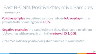 Fast R-CNN: Positive/Negative Samples
17
Positive samples are defined as those whose IoU overlap with a
ground-truth bounding box is > 0.5.
Negative examples are sampled from those that have a maximum
IoU overlap with ground truth in the interval [0.1, 0.5).
25%/75% ratio for positive/negative samples in a minibatch.
*From Fast R-CNN
 