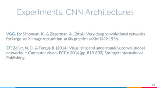 Experiments: CNN Architectures
24
VGG-16: Simonyan, K., & Zisserman, A. (2014). Very deep convolutional networks
for large-scale image recognition. arXiv preprint arXiv:1409.1556.
ZF: Zeiler, M. D., & Fergus, R. (2014). Visualizing and understanding convolutional
networks. In Computer vision–ECCV 2014 (pp. 818-833). Springer International
Publishing.
 
