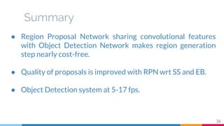 Summary
36
● Region Proposal Network sharing convolutional features
with Object Detection Network makes region generation
step nearly cost-free.
● Quality of proposals is improved with RPN wrt SS and EB.
● Object Detection system at 5-17 fps.
 