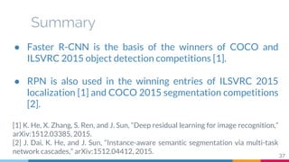 Summary
37
● Faster R-CNN is the basis of the winners of COCO and
ILSVRC 2015 object detection competitions [1].
● RPN is ...