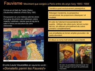Fauvisme Moviment que sorgeix a París entre els anys l’any 1905 i 1908
                                                 Temàtica quasi exclusivament paisatgística.
S’inicia en el Saló de Tardor (Salon
d’Autonme) celebrat a París l’any 1905.          Rebutgen l’anatomia, la perspectiva
                                                 convencional, les proporcions clàssiques i el
S’exposaren en una mateixa sala les obres        modelat.
d’un grup de pintors que utilitzaven colors
violents i arbitraris, mentre que al mig de la   El color és l’element transcendental del
sala hi havia una escultura de caire             quadre. Utilitzen els colors purs, tal com surten
classicista                                      del tub, tot utilitzant principalment els colors
                                                 primaris i complementaris.

                                                 Les pinzellades es tornen amples gruixudes i de
                                                 pasta abundant.

                                                 El dibuix es torna molt simple, quasi infantil.




El crític Louis Vauxcelles en veure-ho va dir:                El color i la pinzellada expressiva de Van
                                                              Gogh i Gauguin són punt de partida pels
«Donatello parmi les Fauves!»                                 Fauvistes.
 