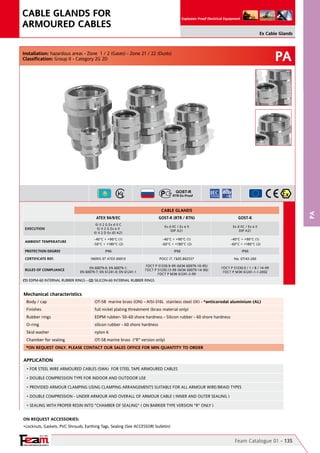 YOUR PARTNER FOR SAFETY
Since 1961
Explosion Proof Electrical Equipment
PA
PA
Feam Catalogue 01 - 135
Ex Cable Glands
CABLE GLANDS FOR
ARMOURED CABLES
On Request Accessories:
•Locknuts, Gaskets, PVC Shrouds, Earthing Tags, Sealing (See ACCESSORI bulletin)
Mechanical characteristics
Body / cap OT-58  marine brass (ON) - AISI-316L  stainless steel (IX) - *anticorodal aluminium (AL)
Finishes full nickel plating threatment (brass material only)
Rubber rings EDPM rubber- 50-60 shore hardness - Silicon rubber - 60 shore hardness
O-ring silicon rubber - 60 shore hardness
Skid washer nylon 6
Chamber for sealing OT-58 marine brass  ("R" version only)
Installation: hazardous areas - Zone  1 / 2 (Gases) - Zone 21 / 22 (Dusts)
Classification: Group II - Category 2G 2D
APPLICATION
• FOR STEEL WIRE ARMOURED CABLES (SWA)  FOR STEEL TAPE ARMOURED CABLES
• DOUBLE COMPRESSION TYPE FOR INDOOR AND OUTDOOR USE
• PROVIDED ARMOUR CLAMPING USING CLAMPING ARRANGEMENTS SUITABLE FOR ALL ARMOUR WIRE/BRAID TYPES
• DOUBLE COMPRESSION - UNDER ARMOUR AND OVERALL OF ARMOUR CABLE ( INNER AND OUTER SEALING )
• SEALING WITH PROPER RESIN INTO "CHAMBER OF SEALING" ( ON BARRIER TYPE VERSION "R" ONLY )
*ON REQUEST ONLY. PLEASE CONTACT OUR SALES OFFICE FOR MIN QUANTITY TO ORDER
CABLE GLANDS
ATEX 94/9/EC GOST-R (RTR / RTN) GOST-K
EXECUTION
II 2 G Ex d II C                                                                                  
II 2 G Ex e II                                                                                  
II 2 D Ex tD A21
Ex d IIC / Ex e II                                                                                                   
DIP A21
Ex d IIC / Ex e II                                                                                                   
DIP A21
AMBIENT TEMPERATURE
-40°C ÷ +90°C (1)
-50°C ÷ +180°C (2)
-40°C ÷ +90°C (1)
-60°C ÷ +180°C (2)
-40°C ÷ +90°C (1)
-60°C ÷ +180°C (2)                  
PROTECTION DEGREE IP66 IP66 IP66
CERTIFICATE REF. INERIS 07 ATEX 0001X POCC IT. ГБ05.B02537 No. 07/43-269
RULES OF COMPLIANCE
EN 60079-0; EN 60079-1;
EN 60079-7; EN 61241-0; EN 61241-1
ГОСТ Р 51330.9-99 (МЭК 60079-10-95)    
ГОСТ Р 51330.13-99 (МЭК 60079-14-96)      
ГОСТ Р МЭК 61241-3-99
ГОСТ Р 51330.0 / 1 / 8 / 14-99                                    
ГОСТ Р МЭК 61241-1-1-2002
(1) EDPM-60 INTERNAL RUBBER RINGS - (2) SILICON-60 INTERNAL RUBBER RINGS
 