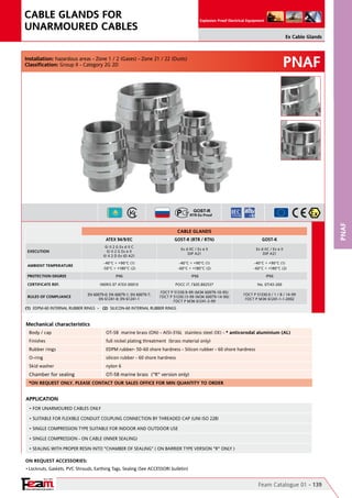 YOUR PARTNER FOR SAFETY
Since 1961
Explosion Proof Electrical Equipment
PNAF
PNAF
Feam Catalogue 01 - 139
Ex Cable Glands
CABLE GLANDS FOR
UNARMOURED CABLES
On Request Accessories:
•	Locknuts, Gaskets, PVC Shrouds, Earthing Tags, Sealing (See ACCESSORI bulletin)  
Mechanical characteristics
Body / cap OT-58  marine brass (ON) - AISI-316L  stainless steel (IX) - * anticorodal aluminium (AL)
Finishes full nickel plating threatment  (brass material only)
Rubber rings EDPM rubber- 50-60 shore hardness - Silicon rubber - 60 shore hardness
O-ring silicon rubber - 60 shore hardness
Skid washer nylon 6
Chamber for sealing OT-58 marine brass  ("R" version only)
Installation: hazardous areas - Zone 1 / 2 (Gases) - Zone 21 / 22 (Dusts)
Classification: Group II - Category 2G 2D
APPLICATION
• FOR UNARMOURED CABLES ONLY
• SUITABLE FOR FLEXIBLE CONDUIT COUPLING CONNECTION BY THREADED CAP (UNI ISO 228)
• SINGLE COMPRESSION TYPE SUITABLE FOR INDOOR AND OUTDOOR USE
• SINGLE COMPRESSION - ON CABLE (INNER SEALING)
• SEALING WITH PROPER RESIN INTO "CHAMBER OF SEALING" ( ON BARRIER TYPE VERSION "R" ONLY )
*ON REQUEST ONLY. PLEASE CONTACT OUR SALES OFFICE FOR MIN QUANTITY TO ORDER
(1) EDPM-60 INTERNAL RUBBER RINGS - (2) SILICON-60 INTERNAL RUBBER RINGS	 	 	
CABLE GLANDS
ATEX 94/9/EC GOST-R (RTR / RTN) GOST-K
EXECUTION
II 2 G Ex d II C                                                                                     
II 2 G Ex e II                                                                                  
II 2 D Ex tD A21
Ex d IIC / Ex e II                                                                                                   
DIP A21
Ex d IIC / Ex e II                                                                                                   
DIP A21
AMBIENT TEMPERATURE
-40°C ÷ +90°C (1)
-50°C ÷ +180°C (2)
-40°C ÷ +90°C (1)
-60°C ÷ +180°C (2)
-40°C ÷ +90°C (1)
-60°C ÷ +180°C (2)                  
PROTECTION DEGREE IP66 IP66 IP66
CERTIFICATE REF. INERIS 07 ATEX 0001X POCC IT. ГБ05.B02537 No. 07/43-269
RULES OF COMPLIANCE
EN 60079-0; EN 60079-1; EN 60079-7;
EN 61241-0; EN 61241-1
ГОСТ Р 51330.9-99 (МЭК 60079-10-95)    
ГОСТ Р 51330.13-99 (МЭК 60079-14-96)      
ГОСТ Р МЭК 61241-3-99
ГОСТ Р 51330.0 / 1 / 8 / 14-99                                    
ГОСТ Р МЭК 61241-1-1-2002
 