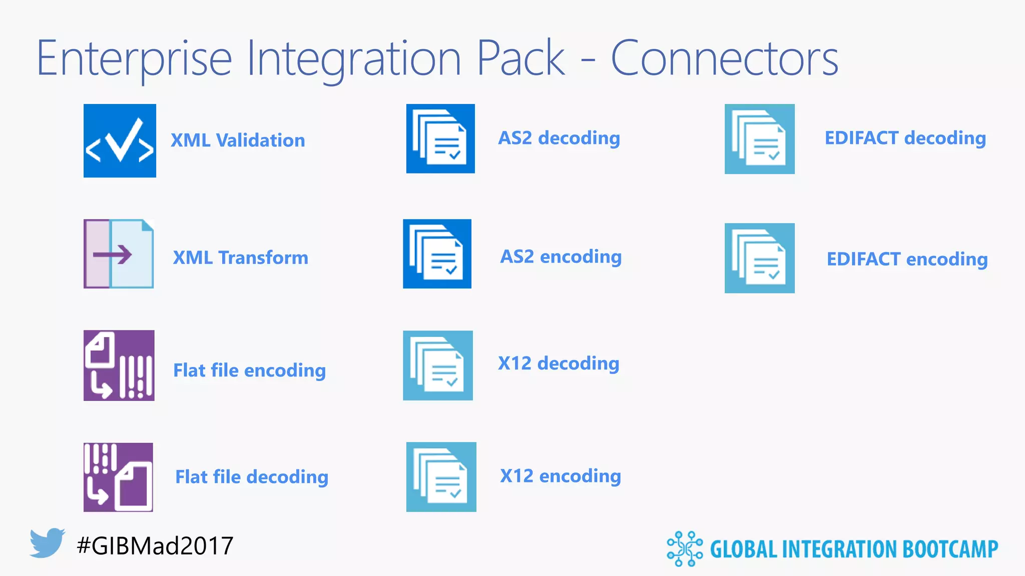 Enterprise Integration Pack - Connectors
XML Validation
XML Transform
Flat file encoding
Flat file decoding
AS2 decoding
AS2 encoding
X12 decoding
X12 encoding
EDIFACT decoding
EDIFACT encoding
 