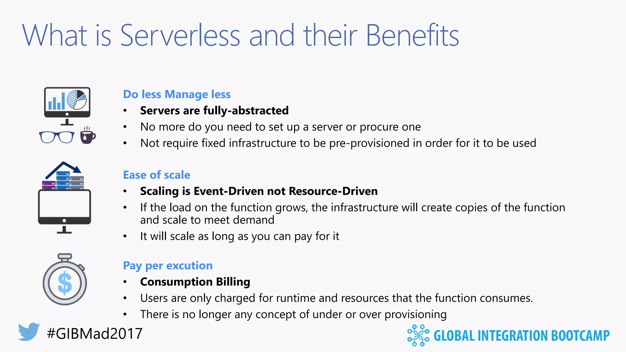 What is Serverless and their Benefits
Pay per excution
• Consumption Billing
• Users are only charged for runtime and resources that the function consumes.
• There is no longer any concept of under or over provisioning
Ease of scale
• If the load on the function grows, the infrastructure will create copies of the function
and scale to meet demand
• It will scale as long as you can pay for it
Do less Manage less
• Servers are fully-abstracted
• No more do you need to set up a server or procure one
• Not require fixed infrastructure to be pre-provisioned in order for it to be used
 
