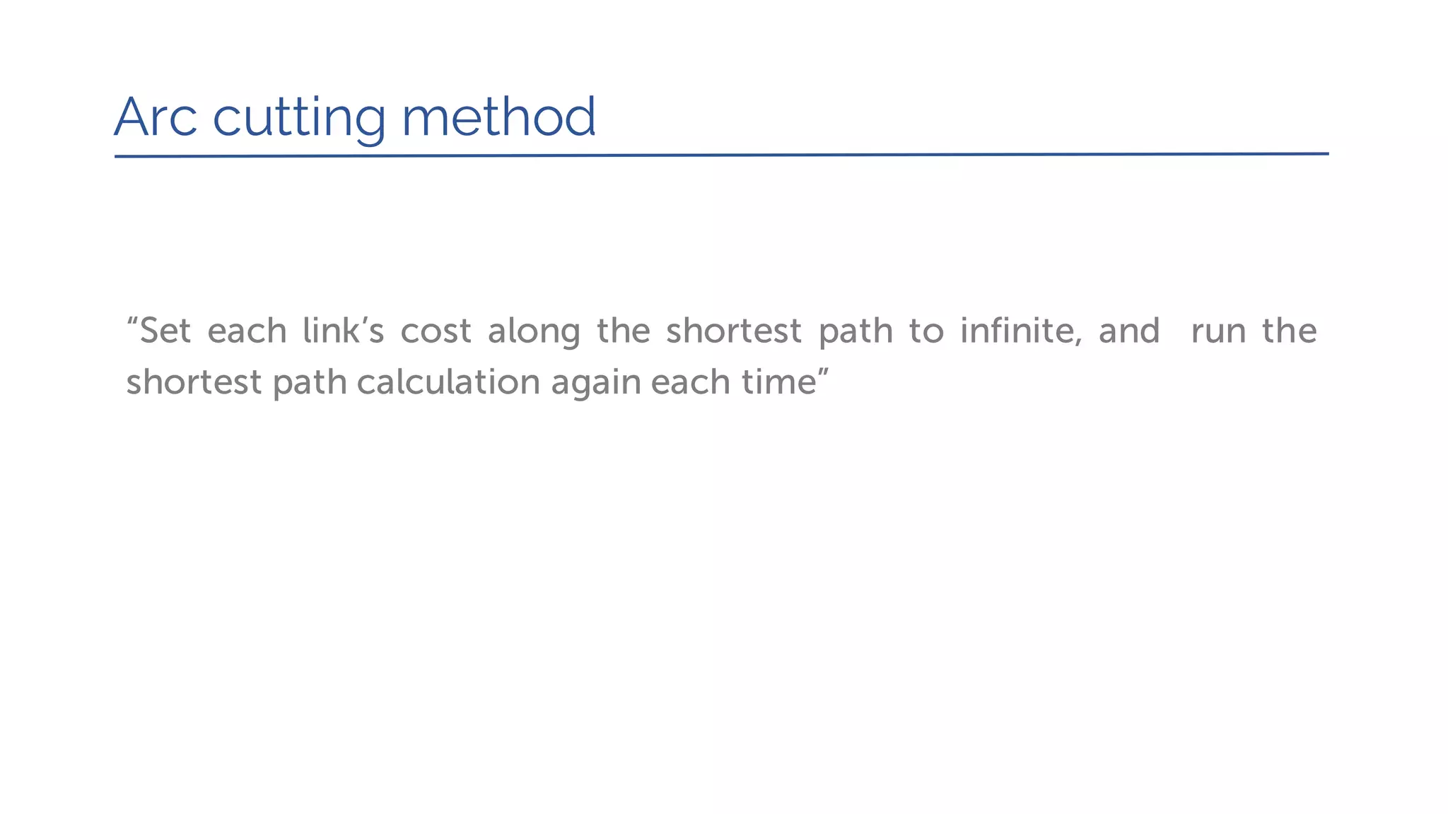 “Set each link’s cost along the shortest path to infinite, and run the
shortest path calculation again each time”
Arc cutting method
 
