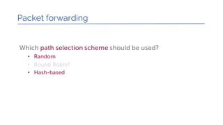 Which path selection scheme should be used?
• Random
• Round Robin?
• Hash-based
Packet forwarding
 