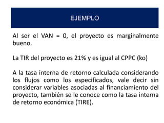 EJEMPLO
Al ser el VAN = 0, el proyecto es marginalmente
bueno.
La TIR del proyecto es 21% y es igual al CPPC (ko)
A la tasa interna de retorno calculada considerando
los flujos como los especificados, vale decir sin
considerar variables asociadas al financiamiento del
proyecto, también se le conoce como la tasa interna
de retorno económica (TIRE).
 