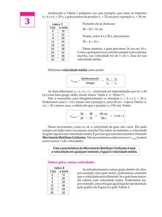 A U L A        Analisando a Tabela 1 podemos ver, por exemplo, que entre os instantes
          t1= 4 s e t2 = 20 s, a gota passou da posição x1 = 22 cm para a posição x2 = 38 cm.

 3               TABELA
               t (s)
                         1
                        x (cm)
                                              Portanto ela se deslocou
                                              38 - 22 = 16 cm
                  0       18
                  4       22
                                              Porém, entre 4 s e 20 s, decorreram:
                  8       26
                12        30                  20 - 4 = 16 s
                16        34
                20        38               Dessa maneira, a gota percorreu 16 cm em 16 s.
                24        42           Como a gota percorreu o trecho sempre com a mesma
                28        46           marcha, sua velocidade foi de 1 cm/s. Essa foi sua
                32        50           velocidade média.


              Definimos velocidade média como sendo:

                                             deslocamento            x 2 - x1
                                  vmédia =                     =
                                                tempo                t 2 - t1

               As duas diferenças x2- x1 e t2 - t1 , costumam ser representadas por Dx e Dt
          (D é uma letra grega, delta, assim, lemos “delta x” e “delta t”).
               Não é necessário usar obrigatoriamente os instantes t1 = 4 s e t2 = 20 s.
          Poderíamos usar t1 = 12 s (nesse caso a posição x1 seria 30 cm - veja na Tabela 1),
          e t2 = 32 s (nesse caso, a tabela diz que a posição x2 é 50 cm). Então:

                                             50 - 30          20 cm
                                 vmédia =               =              = 1 cm / s
                                             32 - 12          20 s

              Nesse movimento, como se vê, a velocidade da gota não varia. Ela anda
          sempre em linha reta e na mesma marcha! Em todos os instantes, a velocidade
          da gota é igual à sua velocidade média. É por isso que esse movimento é chamado
          Movimento Retilíneo Uniforme Não necessitamos então escrever vmédia bastará
                                   Uniforme.
          escrevermos v (de velocidade).

                  Uma característica do Movimento Retilíneo Uniforme é esta:
                 a velocidade em qualquer instante, é igual à velocidade média.


              Outras gotas, outras velocidades
                   TABELA  2
                                           Se introduzíssemos outras gotas dentro do óleo,
                t (s)   x (cm)
                                       por exemplo uma gota maior, poderíamos constatar
                 0        12
                                       que a velocidade seria diferente. Se a gota fosse maior,
                 4        20
                                       ela subiria com velocidade maior. Poderíamos ter,
                 8        28
                                       por exemplo, uma situação igual àquela representada
                12        36
                                       pelo gráfico da Figura 8 e pela Tabela 2.
                16        44
                20        52
 