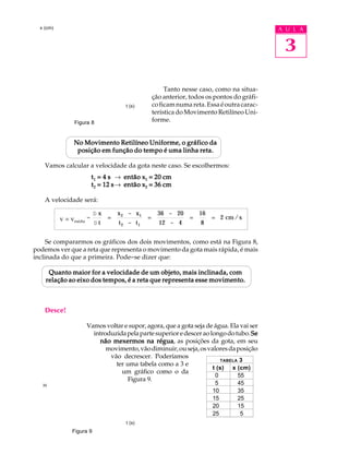 x (cm)                                                                                    A U L A


                                                                                             3

                                                       Tanto nesse caso, como na situa-
                                                  ção anterior, todos os pontos do gráfi-
                                      t (s)       co ficam numa reta. Essa é outra carac-
                                                  terística do Movimento Retilíneo Uni-
                Figura 8                          forme.


                No Movimento Retilíneo Uniforme, o gráfico da
                 posição em função do tempo é uma linha reta.

    Vamos calcular a velocidade da gota neste caso. Se escolhermos:
                          t 1 = 4 s ® então x1 = 20 cm
                          t 2 = 12 s ® então x2 = 36 cm

    A velocidade será:

                          Dx       x 2 - x1         36 - 20        16
           v = vmédia =        =              =                =        = 2 cm / s
                          Dt       t 2 - t1         12 - 4          8


     Se compararmos os gráficos dos dois movimentos, como está na Figura 8,
podemos ver que a reta que representa o movimento da gota mais rápida, é mais
inclinada do que a primeira. Pode-se dizer que:

     Quanto maior for a velocidade de um objeto, mais inclinada, com
    relação ao eixo dos tempos, é a reta que representa esse movimento.



    Desce!

                     Vamos voltar e supor, agora, que a gota seja de água. Ela vai ser
                       introduzida pela parte superior e descer ao longo do tubo. Se
                         não mexermos na régua as posições da gota, em seu
                                               régua,
                            movimento, vão diminuir, ou seja, os valores da posição
                             vão decrescer. Poderíamos
                                                                       TABELA 3
                               ter uma tabela como a 3 e
                                                                    t (s) x (cm)
                                 um gráfico como o da
                                                                     0        55
                                    Figura 9.
   30                                                                    5       45
                                                                        10       35
                                                                        15       25
                                                                        20       15
                                                                        25        5
                                      t (s)
               Figura 9
 