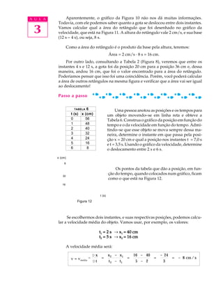 A U L A       Aparentemente, o gráfico da Figura 10 não nos dá muitas informações.
          Todavia, com ele podemos saber quanto a gota se deslocou entre dois instantes.

 3        Vamos calcular qual a área do retângulo que foi desenhado no gráfico da
          velocidade, que está na Figura 11. A altura do retângulo vale 2 cm/s, e sua base
          (12 s - 4 s), ou seja, 8 s.

                  Como a área do retângulo é o produto da base pela altura, teremos:
                                                 Área = 2 cm/s · 8 s = 16 cm.
              Por outro lado, consultando a Tabela 2 (Figura 8), veremos que entre os
          instantes 4 s e 12 s, a gota foi da posição 20 cm para a posição 36 cm e, dessa
          maneira, andou 16 cm, que foi o valor encontrado para a área do retângulo.
          Poderíamos pensar que isso foi uma coincidência. Porém, você poderá calcular
          a área de outros retângulos na mesma figura e verificar que a área vai ser igual
          ao deslocamento!

          Passo a passo

                       TABELA 6
                                                      Uma pessoa anotou as posições e os tempos para
                    t (s) x (cm)                 um objeto movendo-se em linha reta e obteve a
                    0        56                  Tabela 6. Construa o gráfico da posição em função do
                    1        48                  tempo e o da velocidade em função do tempo. Admi-
                    2        40                  tindo-se que esse objeto se mova sempre dessa ma-
                    3        32                  neira, determine o instante em que passa pela posi-
                    4        24                  ção x = 20 cm e qual a posição nos instantes t = 7,0 s
                    5        16                  e t = 3,5 s. Usando o gráfico da velocidade, determine
                    6         8                  o deslocamento entre 2 s e 6 s.
          x (cm)
              6

                                                     Os pontos da tabela que dão a posição, em fun-
                                                 ção do tempo, quando colocados num gráfico, ficam
             30
                                                 como o que está na Figura 12.
             16



                                         t (s)
                        Figura 12



               Se escolhermos dois instantes, e suas respectivas posições, podemos calcu-
          lar a velocidade média do objeto. Vamos usar, por exemplo, os valores:

                                         t1 = 2 s ® x1 = 40 cm
                                         t2 = 5 s ® x2 = 16 cm

                  A velocidade média será:

                                    Dx           x 2 - x1       16 - 40         - 24
                    v = vmédia =          =                 =              =           = - 8 cm / s
                                    Dt           t 2 - t1        5 - 2           3
 