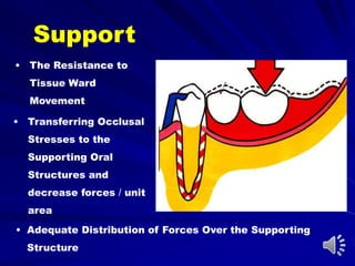• The Resistance to
Tissue Ward
Movement
Support
• Adequate Distribution of Forces Over the Supporting
Structure
• Transferring Occlusal
Stresses to the
Supporting Oral
Structures and
decrease forces / unit
area
 