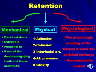 1-Adhesion
2-Cohesion
3-Interfacial s.t.
4-At. pressure
6-Gravity
Mechanical
Retention
PhysiologicalPhysical
-The physiologic
molding of the
tissues around the
polished surfaces
- Neuromuscular
control
• Direct retainers
• Indirect R.
• Frictional fit
• Parts of the
denture engaging
tooth and tissue
undercuts.
 