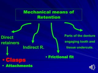 • Frictional fit
Mechanical means of
Retention
Indirect R.
Direct
retainers
Parts of the denture
engaging tooth and
tissue undercuts.
• Clasps
• Attachments
 