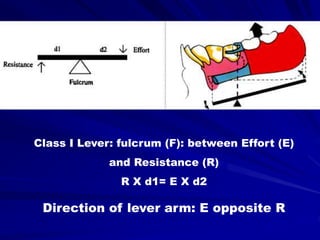 Class I Lever: fulcrum (F): between Effort (E)
and Resistance (R)
R X d1= E X d2
Direction of lever arm: E opposite R
 