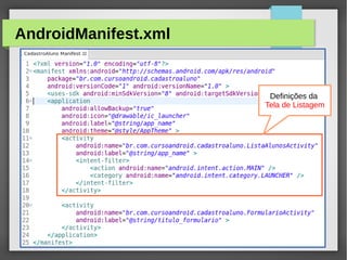 AndroidManifest.xml

Definições da
Tela de Listagem

M.Sc. Márcio Palheta

 