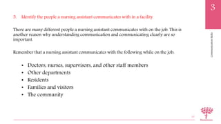 CommunicationSkills
3
5. Identify the people a nursing assistant communicates with in a facility
There are many different people a nursing assistant communicates with on the job. This is
another reason why understanding communication and communicating clearly are so
important.
Remember that a nursing assistant communicates with the following while on the job:
• Doctors, nurses, supervisors, and other staff members
• Other departments
• Residents
• Families and visitors
• The community
35
 