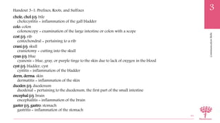 CommunicationSkills
3
chole, chol (o): bile
cholecystitis = inflammation of the gall bladder
colo: colon
colonoscopy = examination of the large intestine or colon with a scope
cost (o): rib
costochondral = pertaining to a rib
crani (o): skull
craniotomy = cutting into the skull
cyan (o): blue
cyanosis = blue, gray, or purple tinge to the skin due to lack of oxygen in the blood
cyst (o): bladder, cyst
cystitis = inflammation of the bladder
derm, derma: skin
dermatitis = inflammation of the skin
duoden (o): duodenum
duodenal = pertaining to the duodenum, the first part of the small intestine
encephal (o): brain
encephalitis = inflammation of the brain
gaster (o), gastro: stomach
gastritis = inflammation of the stomach
44
Handout 3-1: Prefixes, Roots, and Suffixes
 
