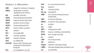 CommunicationSkills
3
MRI magnetic resonance imaging
MRSA methicillin-resistant
staphylococcus aureus
MS multiple sclerosis
MSDs musculoskeletal disorders
MSDS material safety data sheet
MSW medical social worker
MUFA monounsaturated fat
MVA motor vehicle accident
Na sodium
N/A not applicable
NA nursing assistant
NaCl sodium chloride
NAS no added salt
NATCEP Nurse Aide Training and
Competency Evaluation
Program
N/C no complaints, no call 59
Handout 3-2: Abbreviations NCS no concentrated sweets
neg negative
NF nursing facility
NG, ng nasogastric
NIBP non-invasive blood pressure
monitoring
NKA no known allergies
NKDA no known drug allergies
no number
noc night
NPO nothing by mouth
NVD nausea, vomiting, and diarrhea
NWB non-weight-bearing
O2 oxygen
O&P ova and parasites
OB obstetrics
ob/gyn obstetrics and gynecology
OBRA Omnibus Budget Reconciliation Act
occ occasionally
 