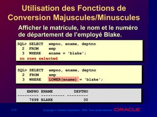 3-10 Copyright © Oracle Corporation, 1998. Tous droits réservés.
Utilisation des Fonctions de
Conversion Majuscules/Minuscules
Afficher le matricule, le nom et le numéroAfficher le matricule, le nom et le numéro
de département de l’employé Blake.de département de l’employé Blake.
SQL> SELECT empno, ename, deptno
2 FROM emp
3 WHERE ename = 'blake';
SQL> SELECT empno, ename, deptno
2 FROM emp
3 WHERE ename = 'blake';
EMPNO ENAME DEPTNO
--------- ---------- ---------
7698 BLAKE 30
EMPNO ENAME DEPTNO
--------- ---------- ---------
7698 BLAKE 30
SQL> SELECT empno, ename, deptno
2 FROM emp
3 WHERE LOWER(ename) = 'blake';
no rows selectedno rows selected
 