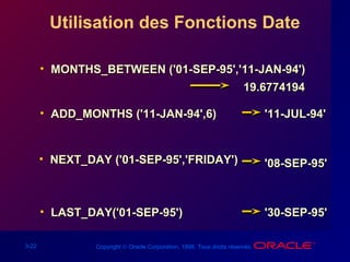 3-22 Copyright © Oracle Corporation, 1998. Tous droits réservés.
• MONTHS_BETWEEN ('01-SEP-95','11-JAN-94')MONTHS_BETWEEN ('01-SEP-95','11-JAN-94')
Utilisation des Fonctions Date
• ADD_MONTHS ('11-JAN-94',6)ADD_MONTHS ('11-JAN-94',6)
• NEXT_DAY ('01-SEP-95','FRIDAY')NEXT_DAY ('01-SEP-95','FRIDAY')
• LAST_DAY('01-SEP-95')LAST_DAY('01-SEP-95')
19.677419419.6774194
'11-JUL-94''11-JUL-94'
'08-SEP-95''08-SEP-95'
'30-SEP-95''30-SEP-95'
 