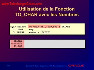 3-36 Copyright © Oracle Corporation, 1998. Tous droits réservés.
Utilisation de la Fonction
TO_CHAR avec les Nombres
SQL> SELECT TO_CHAR(sal,'$99,999') SALARY
2 FROM emp
3 WHERE ename = 'SCOTT';
SALARY
--------
$3,000
www.TelechargerCours.com
 