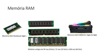 Memória RAM
Memoria Ddr4 3000mhz 16gb (2x 8gb)
Memória Ddr3 Notebook (8gb )
Módulos antigos de 30 vias (8 bits), 72 vias (32 bits) e 168 vias (64 bits)
 
