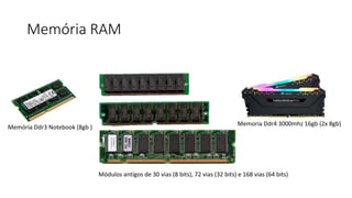 Memória RAM
Memoria Ddr4 3000mhz 16gb (2x 8gb)
Memória Ddr3 Notebook (8gb )
Módulos antigos de 30 vias (8 bits), 72 vias (32 bits) e 168 vias (64 bits)
 