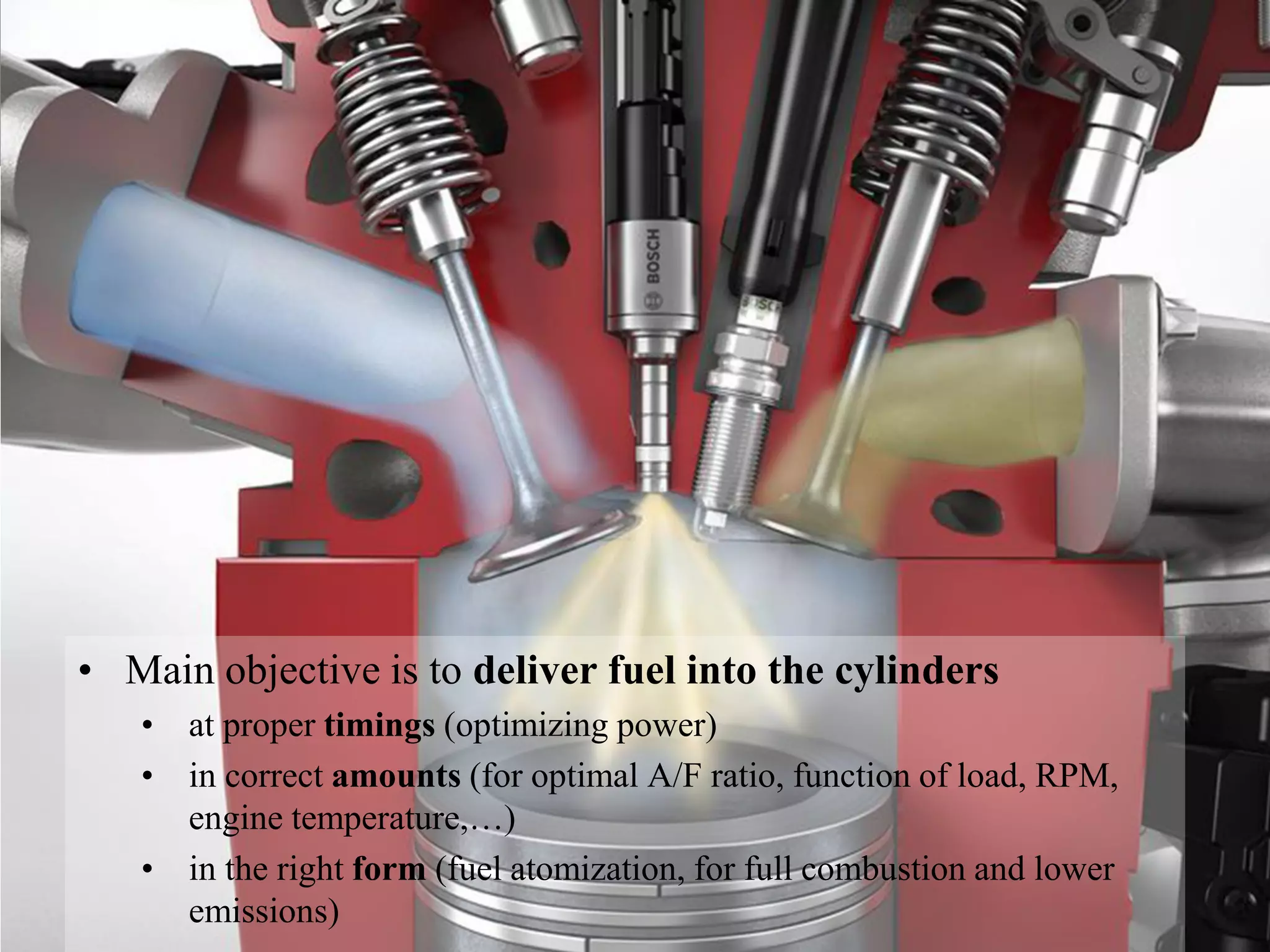 11 de outubro de 2016 | 3
SistemasAutomóveis
• Main objective is to deliver fuel into the cylinders
• at proper timings (optimizing power)
• in correct amounts (for optimal A/F ratio, function of load, RPM,
engine temperature,…)
• in the right form (fuel atomization, for full combustion and lower
emissions)
 