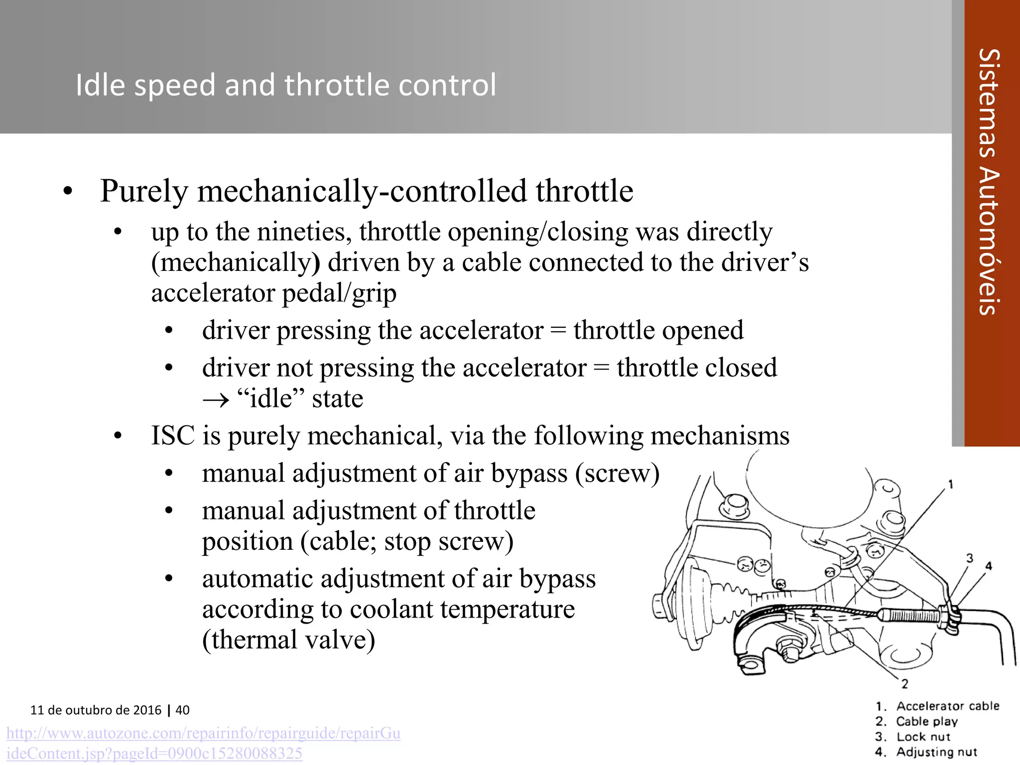 11 de outubro de 2016 | 40
SistemasAutomóveis
Idle speed and throttle control
• Purely mechanically-controlled throttle
• up to the nineties, throttle opening/closing was directly
(mechanically) driven by a cable connected to the driver’s
accelerator pedal/grip
• driver pressing the accelerator = throttle opened
• driver not pressing the accelerator = throttle closed
 “idle” state
• ISC is purely mechanical, via the following mechanisms
• manual adjustment of air bypass (screw)
• manual adjustment of throttle
position (cable; stop screw)
• automatic adjustment of air bypass
according to coolant temperature
(thermal valve)
http://www.autozone.com/repairinfo/repairguide/repairGu
ideContent.jsp?pageId=0900c15280088325
 