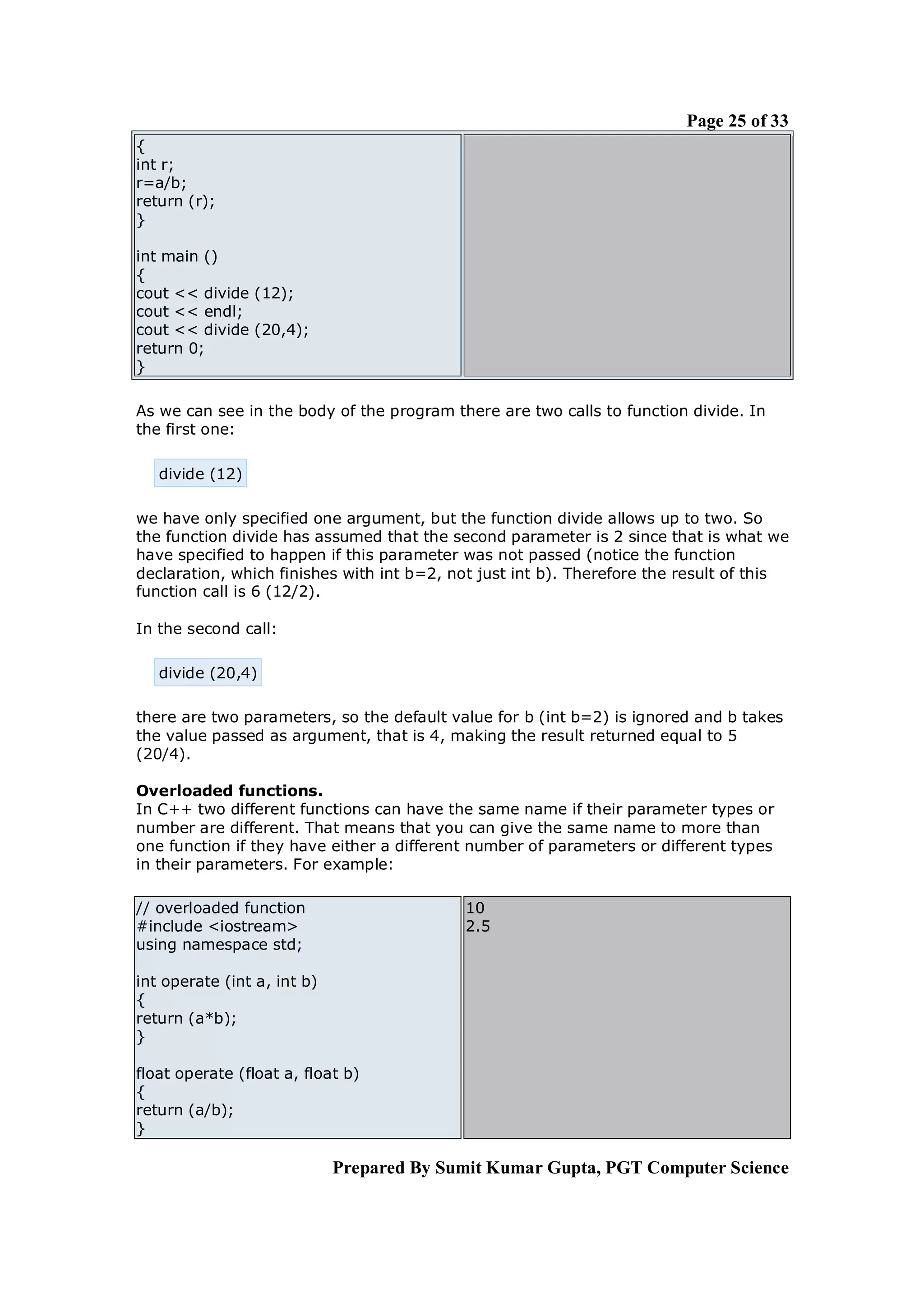 Page 25 of 33
{
int r;
r=a/b;
return (r);
}

int main ()
{
cout << divide (12);
cout << endl;
cout << divide (20,4);
return 0;
}

As we can see in the body of the program there are two calls to function divide. In
the first one:

   divide (12)

we have only specified one argument, but the function divide allows up to two. So
the function divide has assumed that the second parameter is 2 since that is what we
have specified to happen if this parameter was not passed (notice the function
declaration, which finishes with int b=2, not just int b). Therefore the result of this
function call is 6 (12/2).

In the second call:

   divide (20,4)

there are two parameters, so the default value for b (int b=2) is ignored and b takes
the value passed as argument, that is 4, making the result returned equal to 5
(20/4).

Overloaded functions.
In C++ two different functions can have the same name if their parameter types or
number are different. That means that you can give the same name to more than
one function if they have either a different number of parameters or different types
in their parameters. For example:

// overloaded function                     10
#include <iostream>                        2.5
using namespace std;

int operate (int a, int b)
{
return (a*b);
}

float operate (float a, float b)
{
return (a/b);
}

                             Prepared By Sumit Kumar Gupta, PGT Computer Science
 