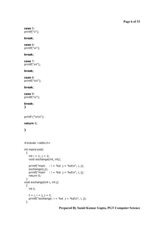 Page 6 of 33

case 5:
printf("v");

break;

case 6:
printf("vi");

break;

case 7:
printf("vii");

break;

case 8:
printf("viii");

break;

case 9:
printf("ix");

break;
}


printf ("nn");

return 0;

}



#include <stdio.h>

int main(void)
  {
    int i = 1, j = 2;
    void exchange(int, int);

     printf("main : i = %d j = %dn", i, j);
     exchange(i,j);
     printf("main : i = %d j = %dn", i, j);
     return 0;
 }
void exchange(int i, int j)
 {
   int t;

     t = i, i = j, j = t;
     printf("exchange: i = %d j = %dn", i, j);
 }

                              Prepared By Sumit Kumar Gupta, PGT Computer Science
 